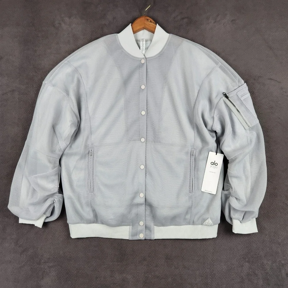 Alo Yoga Field Jacket Womens Medium Dove Grey Mesh Bomber Ruched Sleeve Snap NEW